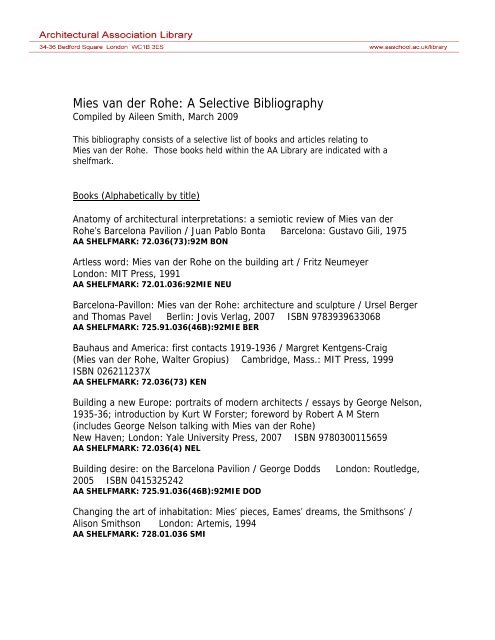 Mies van der Rohe: A Selective Bibliography - Architectural ...