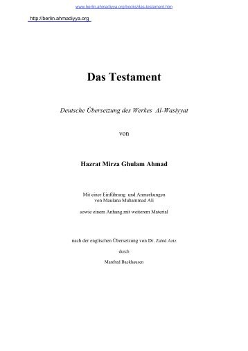 Das Testament Deutsche Übersetzung des Werkes ... - Ahmadiyya.org