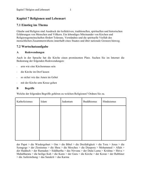 Kapitel 7 Religionen und Lebensart 7.1 Einstieg ins Thema 7.2 ...