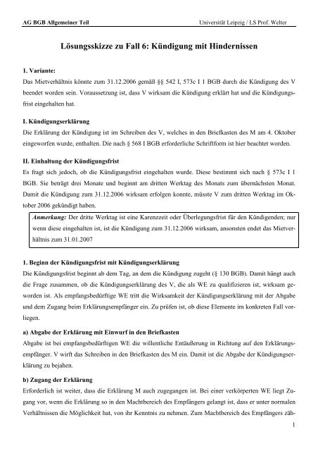 Lösungsskizze zu Fall 6: Kündigung mit Hindernissen - Universität ...