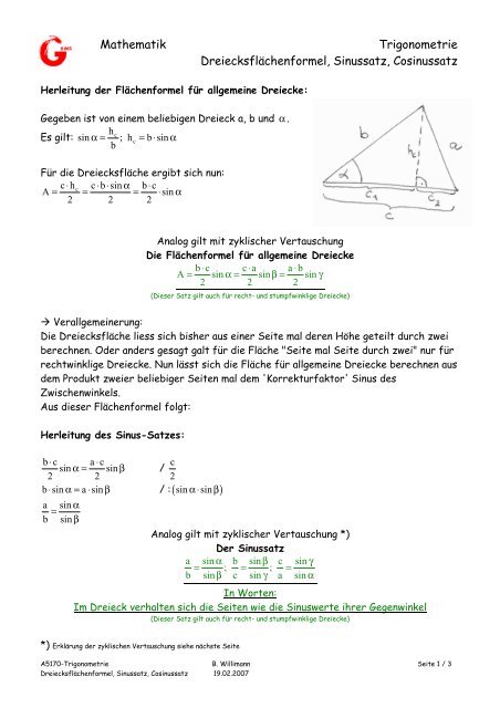 Dreiecksflächenformel, Sinussatz, Cosinussatz - willimann.org