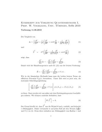 Kurzskript zur Vorlesung Quantenmechanik I, Prof. W. Vogelsang ...