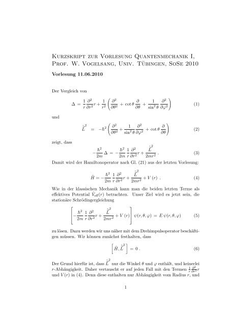 Kurzskript zur Vorlesung Quantenmechanik I, Prof. W. Vogelsang ...