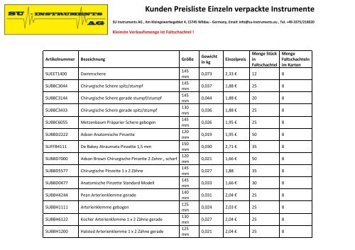 Preisliste einzeln verpackte Einmal- instrumente - SU-Instruments AG