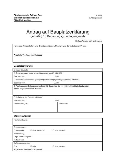 Antrag auf Bauplatzerklärung gem. § 13 Bebauungsgrundlagengesetz