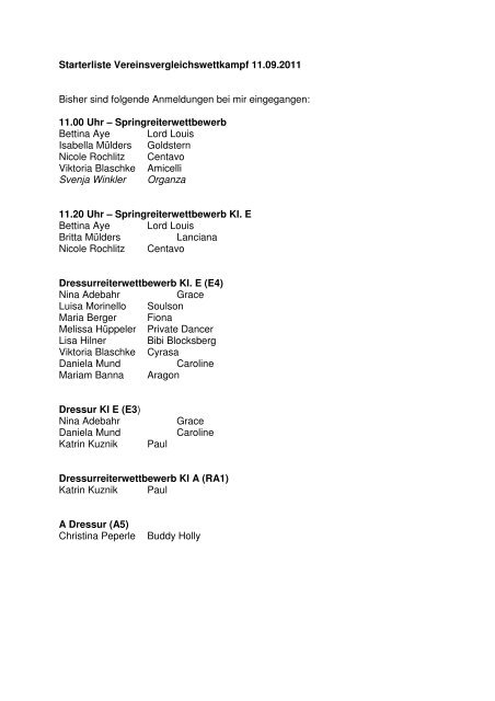 Starterliste Vereinsvergleichswettkampf 11.09.2011 Bisher sind ...