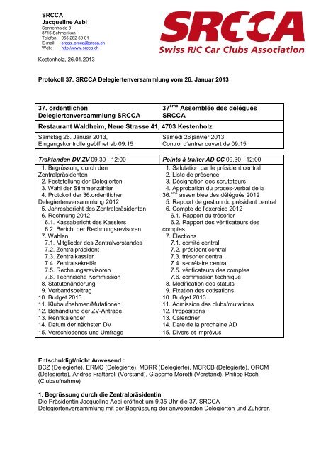 37. ordentlichen Delegiertenversammlung SRCCA 37 Assemblée ...