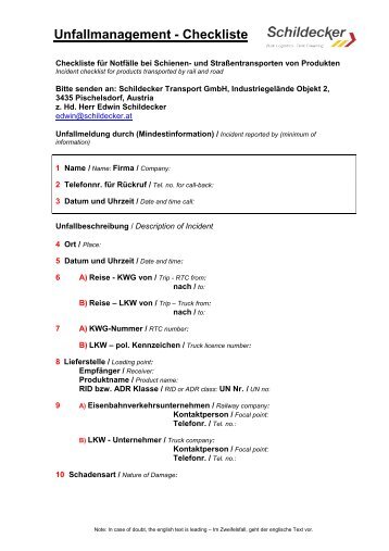 Unfallmanagement Checkliste - Schildecker Transport GmbH