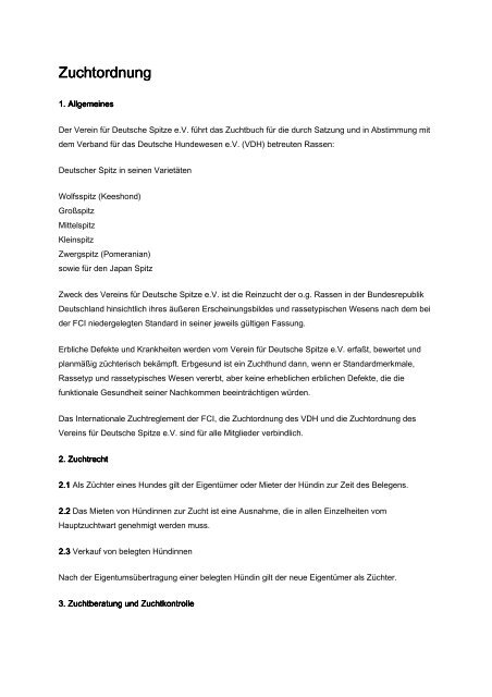 Zuchtordnung des Vereins für Deutsche Spitze