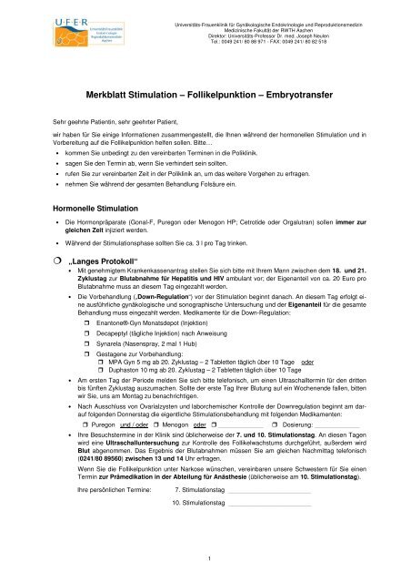 Merkblatt Stimulation – Follikelpunktion – Embryotransfer