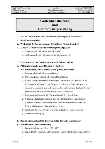Gottesdienstleitung und Gottesdienstgestaltung - Päd. Wilhelm Goss