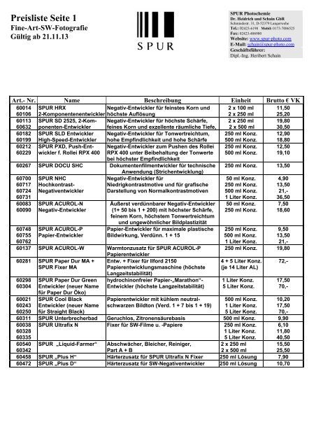 SPUR Preisliste 21.11.13