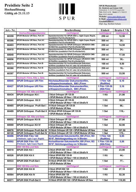 SPUR Preisliste 21.11.13