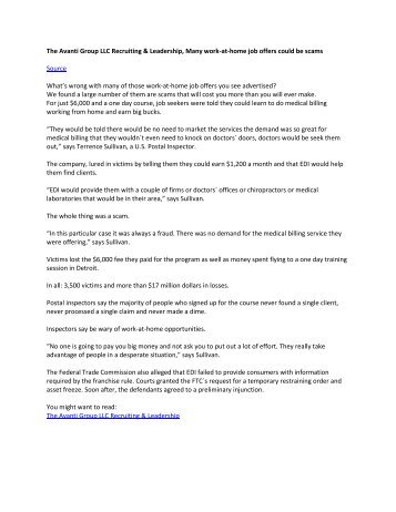 The Avanti Group LLC Recruiting & Leadership, Many work-at-home job offers could be scams