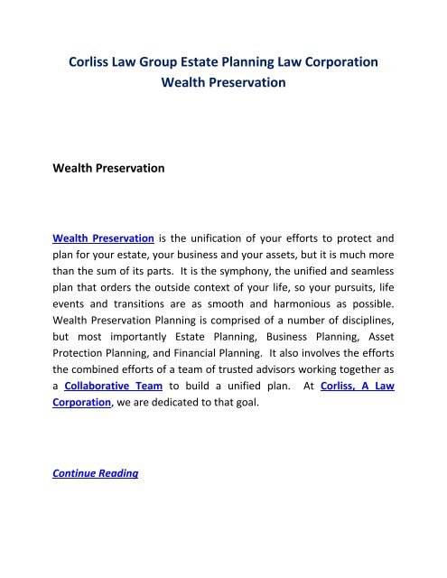 Corliss Law Group Estate Planning Law Corporation Wealth Preservation