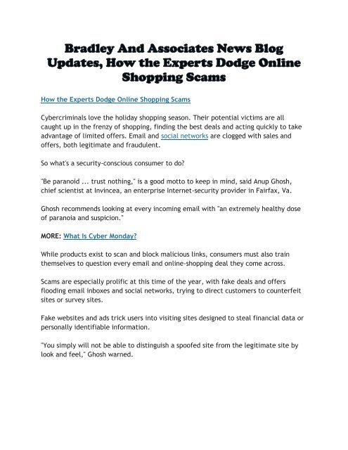 Bradley And Associates News Blog Updates, How the Experts Dodge Online Shopping Scams