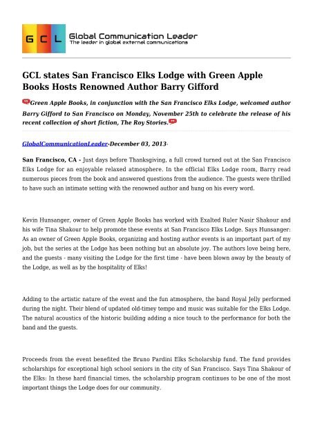 GCL states San Francisco Elks Lodge with Green Apple Books Hosts Renowned Author Barry Gifford