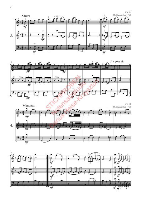 Wolfgang Amadeus Mozart: Nannerls Notenbuch, Bearbeitung für zwei Violinen und Violoncello