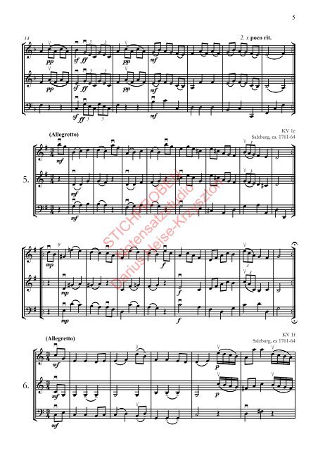 Wolfgang Amadeus Mozart: Nannerls Notenbuch, Bearbeitung für zwei Violinen und Violoncello