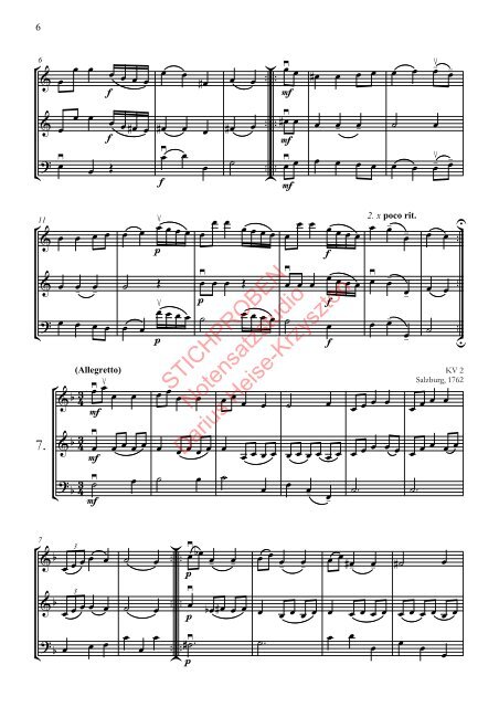 Wolfgang Amadeus Mozart: Nannerls Notenbuch, Bearbeitung für zwei Violinen und Violoncello