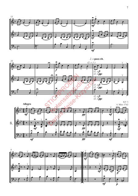 Wolfgang Amadeus Mozart: Nannerls Notenbuch, Bearbeitung für zwei Violinen und Violoncello