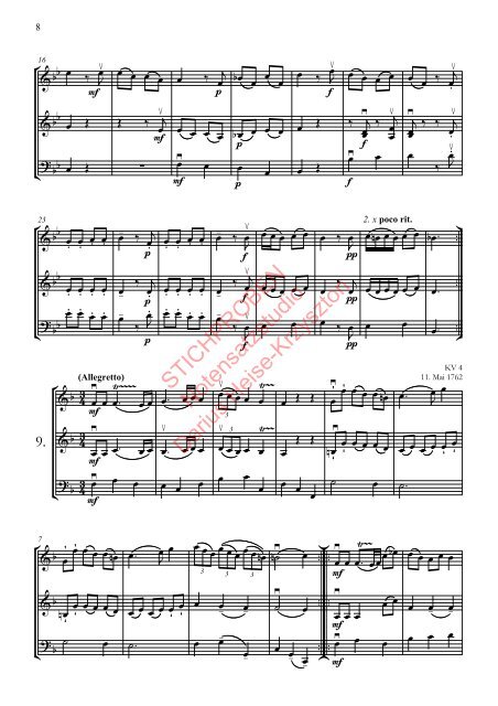 Wolfgang Amadeus Mozart: Nannerls Notenbuch, Bearbeitung für zwei Violinen und Violoncello