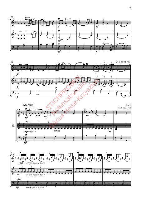 Wolfgang Amadeus Mozart: Nannerls Notenbuch, Bearbeitung für zwei Violinen und Violoncello
