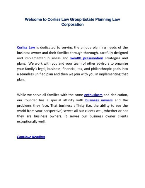 Welcome to Corliss Law Group Estate Planning Law Corporation