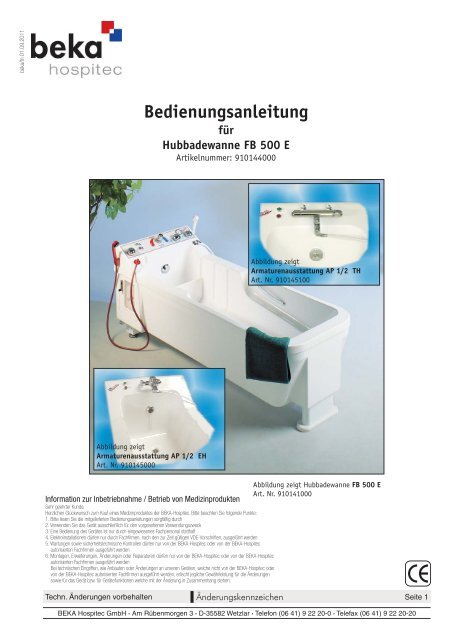 Bedienungsanleitung für Hubbadewanne FB 500 E - beka hospitec