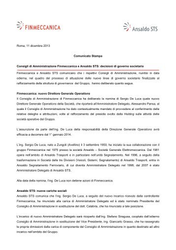 Consigli di Amministrazione Finmeccanica e Ansaldo STS: decisioni di governo societario