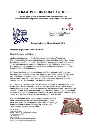 Bearbeitungszeiten in der Beihilfe - GPR - Bremen