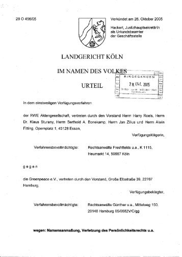 Gerichtsurteil im Flyer-Verfahren gegen RWE - Greenpeace