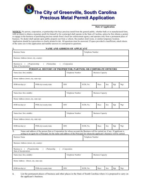 Precious Metals Permit Application - Greenville