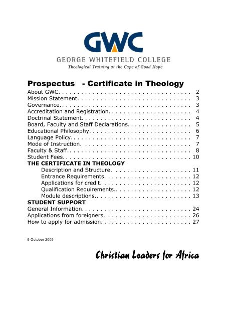 Prospectus - Certificate in Theology - George Whitefield College