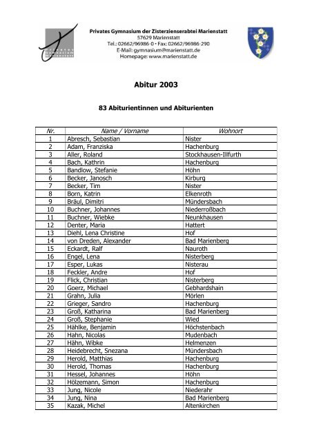 Abitur 2003 - Gymnasium Marienstatt