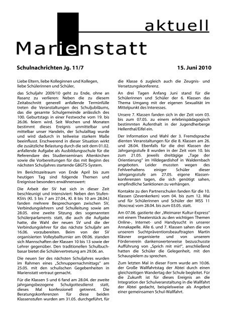 Schulnachrichten Jg. 11/7 15. Juni 2010 - Gymnasium Marienstatt