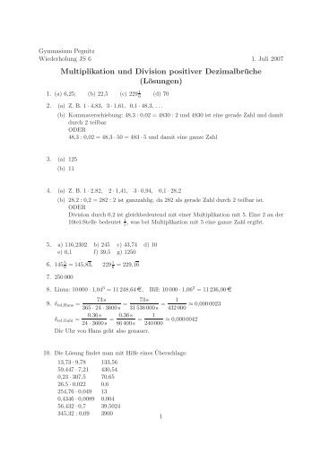Multiplikation und Division positiver Dezimalbrüche (Lösungen)