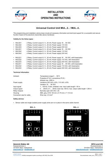 installation and operating instructions - Heinrich Kübler AG