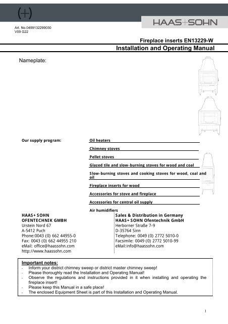 Installation and Operating Manual - Haas + Sohn