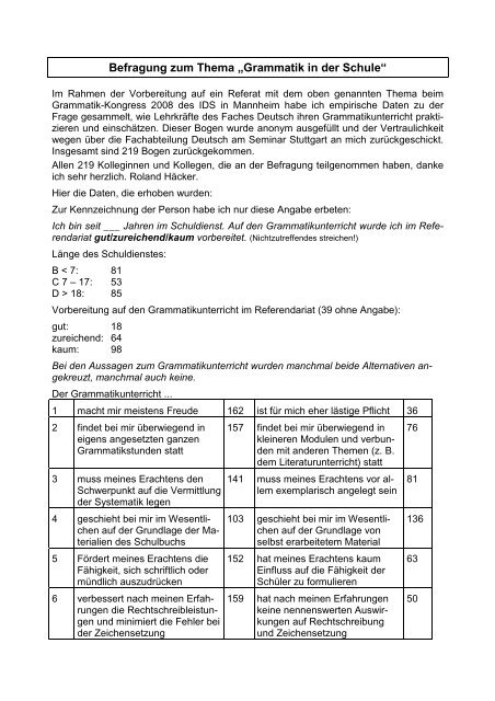 Befragung zum Thema „Grammatik in der Schule“