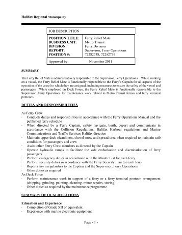 Page - 1 - Halifax Regional Municipality JOB DESCRIPTION ...