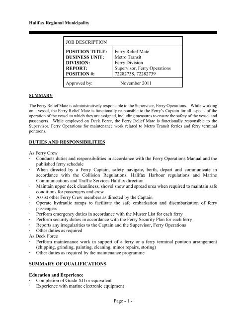 Page - 1 - Halifax Regional Municipality JOB DESCRIPTION ...