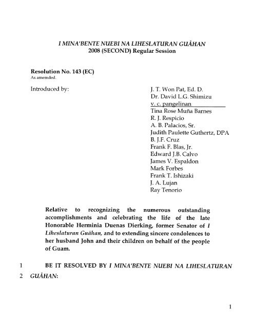 (SECOND) Regular Session Resolution No. 143 ... - Guam Legislature