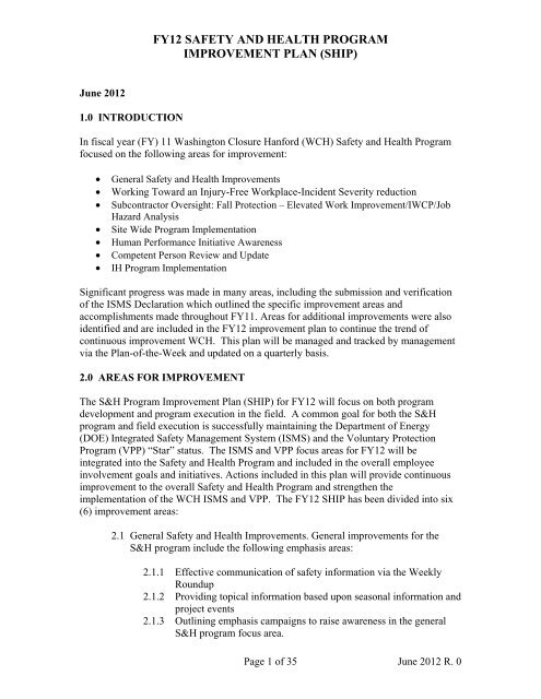 fy12 safety and health program improvement plan (ship) - Hanford Site