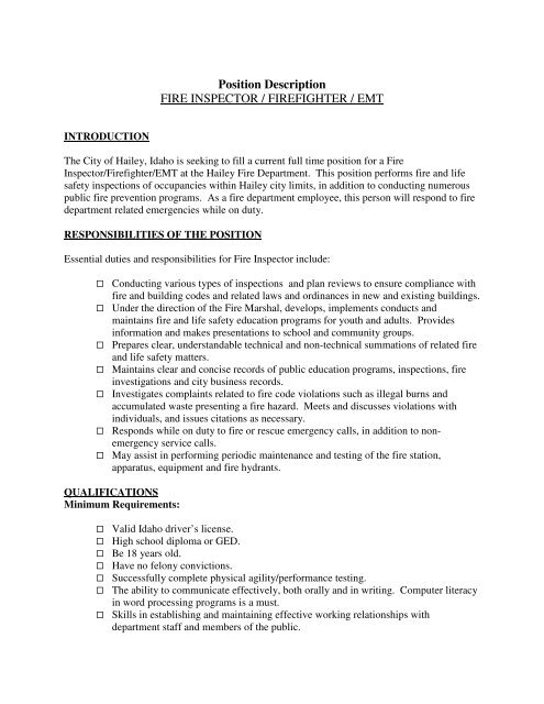 Position Description FIRE INSPECTOR ... - City of Hailey