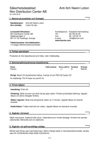 Säkerhetsdatablad Anti-Itch Neem Lotion Nim ... - Hansbo Sport