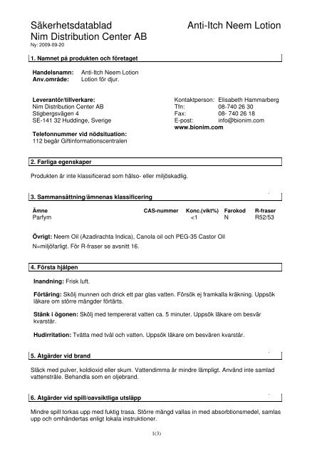 Säkerhetsdatablad Anti-Itch Neem Lotion Nim ... - Hansbo Sport