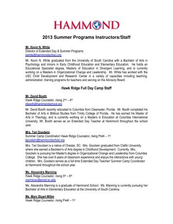 2013 Summer Programs Instructors/Staff - Hammond School