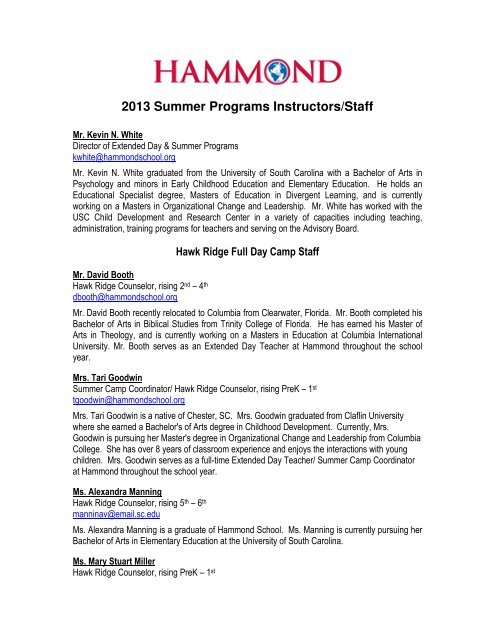2013 Summer Programs Instructors/Staff - Hammond School