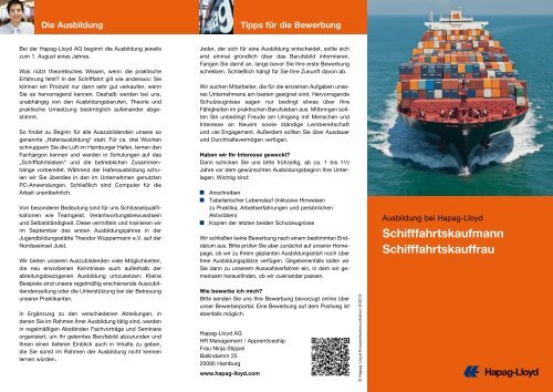 Open Ausbildungsflyer Schifffahrtskaumann-/frau - Hapag-Lloyd